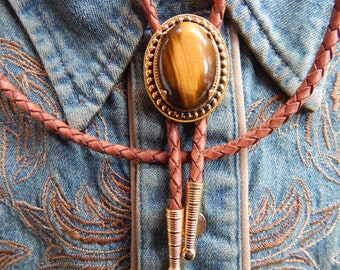 New Tigers Eye Stone Gold Colour Metal  Bolo Bootlace Tie Tan/Brown Leather Cord Western Wedding Groom Boho  Ladies Men