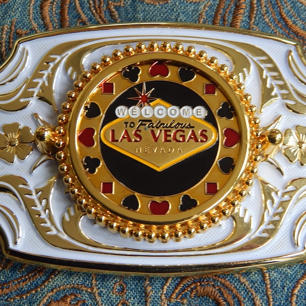 Las Vegas Nevada Belt Buckle: Gold & White Metal, USA Souvenir