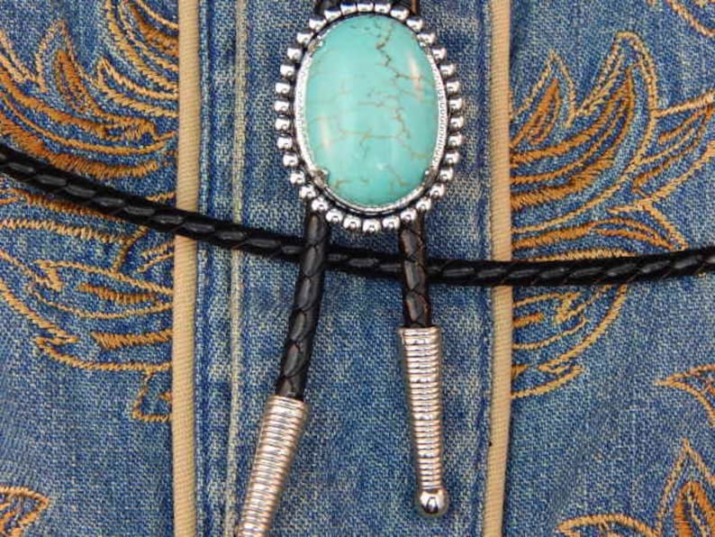Handcrafted in the UK Turquoise colour Bolo Bootlace Tie Silver Metal Western Cowboy Rockabilly Ladies Mens Rock and Roll Goth