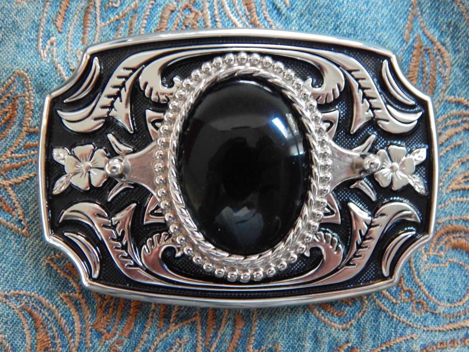 Vintage Silver Tone Black Belt Buckle Marble Stone Design Western Engraved Black Grey White Marbled Stone Silver Tone Etched Metal Belt  main image 2