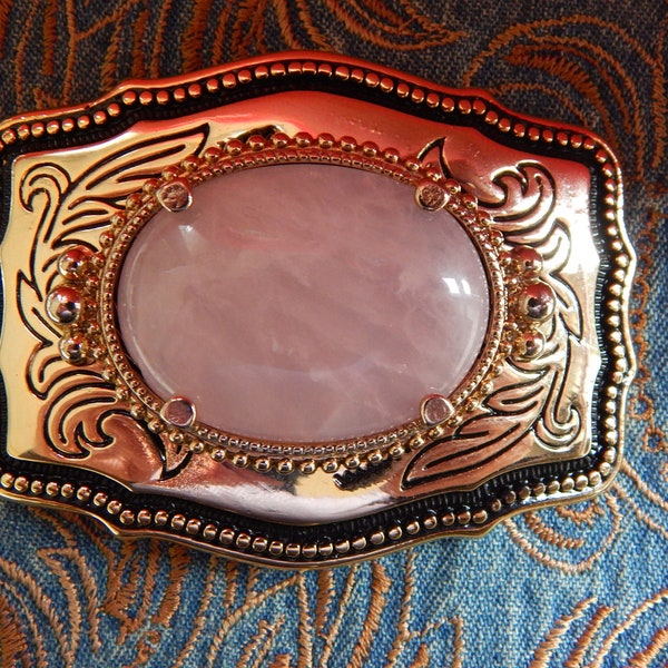 New Beautiful Rose Pink Quartz Crystal Belt Buckle Gold Colour Metal Ladies Men Western Wedding Groom