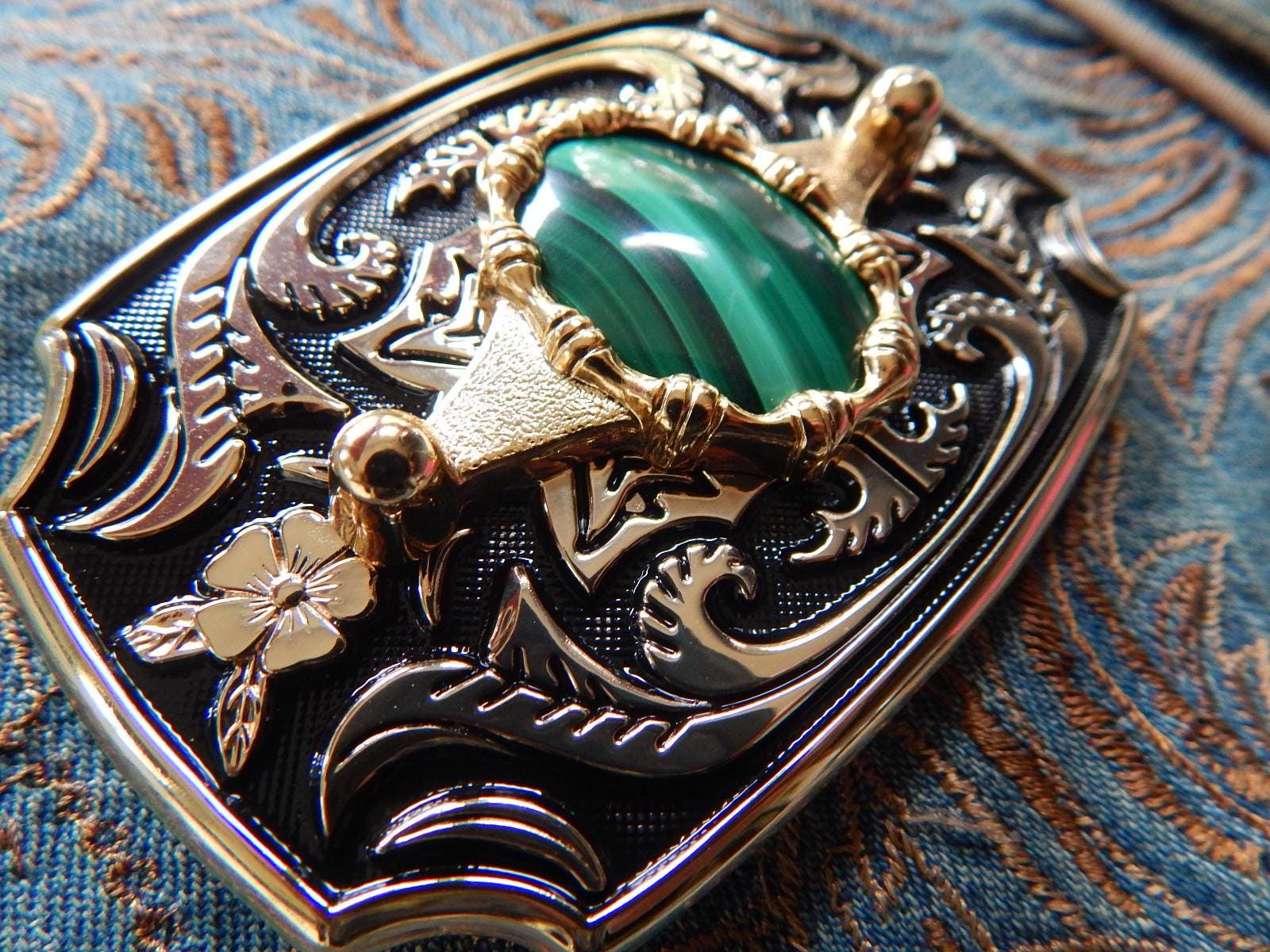 Natural Malachite Stone Belt Buckle: Gold & Black Metal  display picture 2