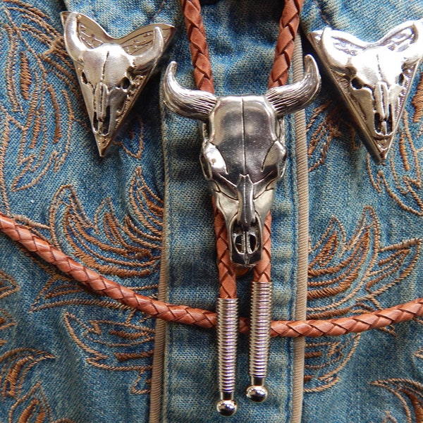 New Bull Steer Skeleton Head Bolo Tie Bootlace and Collar Tips Set Black or Tan / Brown Cord Silver Colour Metal Ladies Men