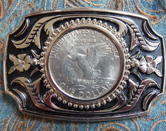 New Genuine Large American USA One Dollar Coin Silver / Black Colour Metal Belt Buckle Western Wedding Groom