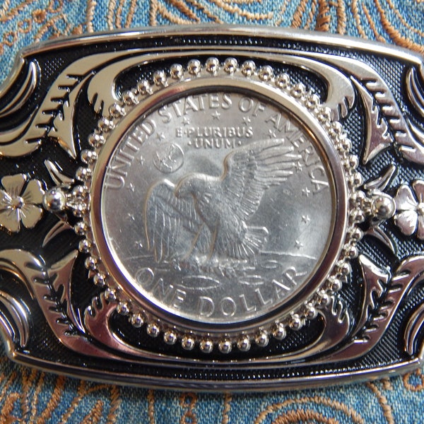 New Genuine Large American USA One Dollar Coin Silver / Black Colour Metal Belt Buckle Western Wedding Groom