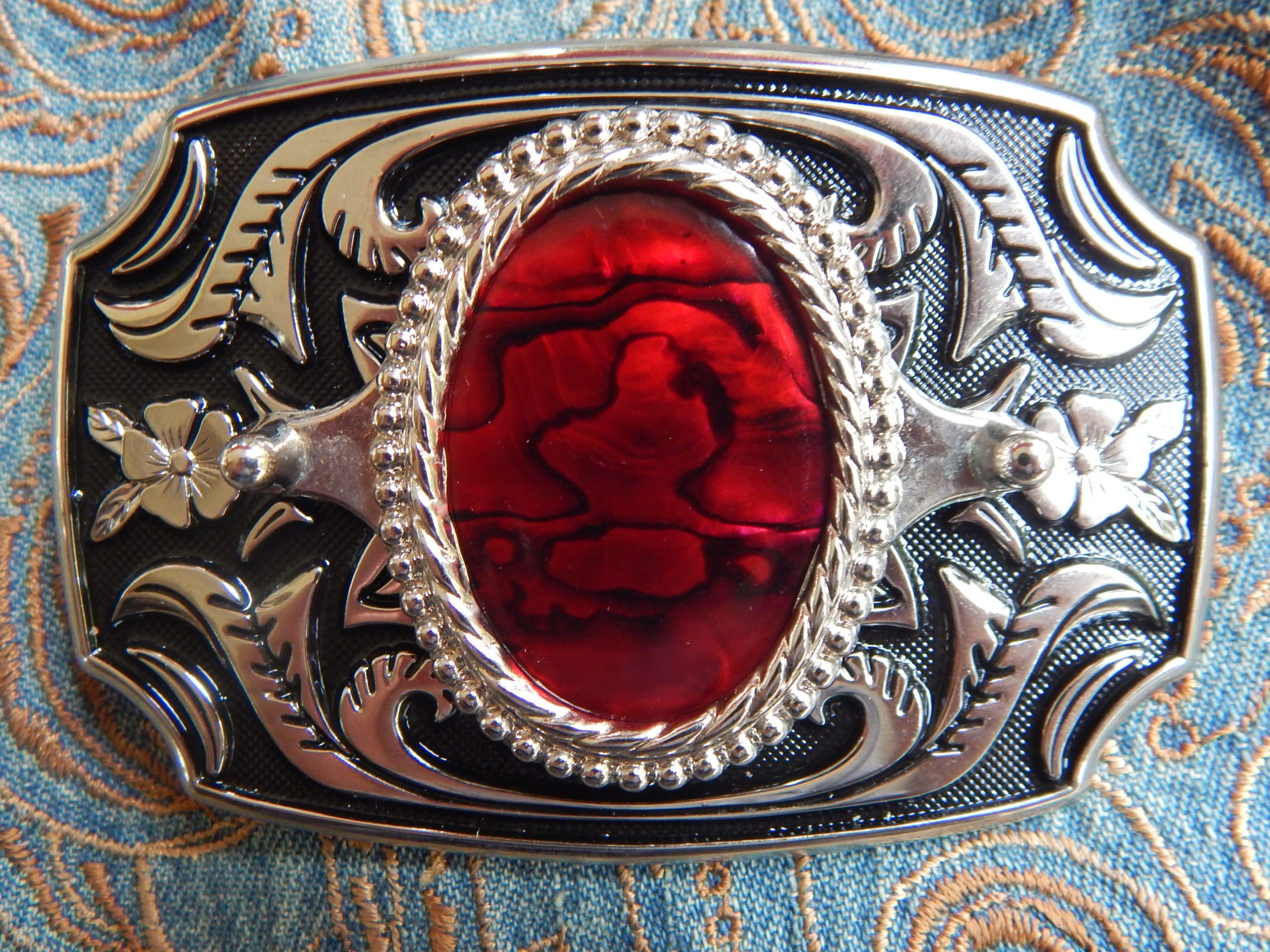 New Exclusive Red Abalone Silver / Black Belt Buckle Goth 