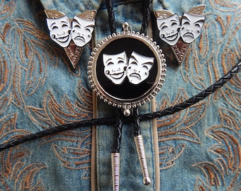 New Comedy and Tragedy Masks  Greek Muses Bolo Bootlace Tie and Collar Tips Set Silver Colour Metal Ladies Men