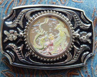 New Chinese Dragon & Bird Silver/Black Colour Metal Belt Buckle Men Women