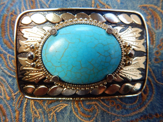 NEW HANDCRAFTED SILVER METAL BELT BUCKLE TURQUOISE COLOUR WESTERN COWBOY GOTH