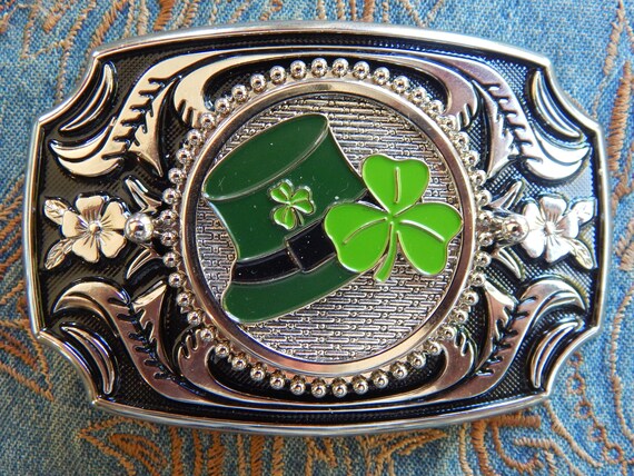 New Green Irish Hat Shamrock Belt Buckle Embossed Silver Black