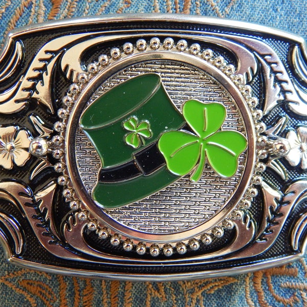 New Green Irish Hat & Shamrock Belt Buckle Embossed Silver / Black Coloured Metal Ireland St Patricks Day