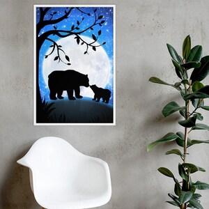 Ours de pépinière et la lune FRAMED affiche mère et silhouette de fils sous les étoiles grand arbre de ciel de nuit de lune et décor de mur de salle de bébé de colline