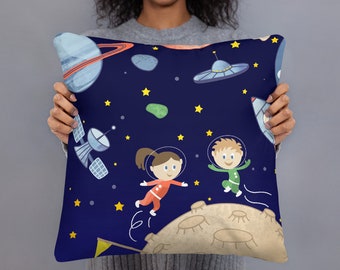 Kids In Space throw pillow Happy Tiny Astronauts On A Moonwalk With Planets, Rockets And Stars baby nursery