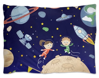 Kids In Space Pillow Sham Little Astronauts With Rocket Spaceship Ufo Moon Asteroids Planets Satellites And Stars