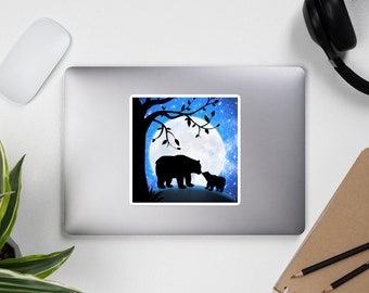 Bears and Moon sticker bubble-free kiss cut stationery mommy and baby bear silhouette in forest super moon trees starry night
