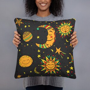 Moon, Sun and Stars Throw Pillow celestial pattern drawn decorated art night sky retro vintage style