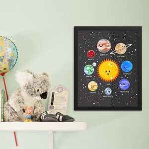Sonnensystem Kindergarten FRAMED Druck Planeten Wand Kunst Sonne Erde Mond Sterne Kawaii pädagogischen Raum für Kinder Zimmer Dekor gerahmt Poster