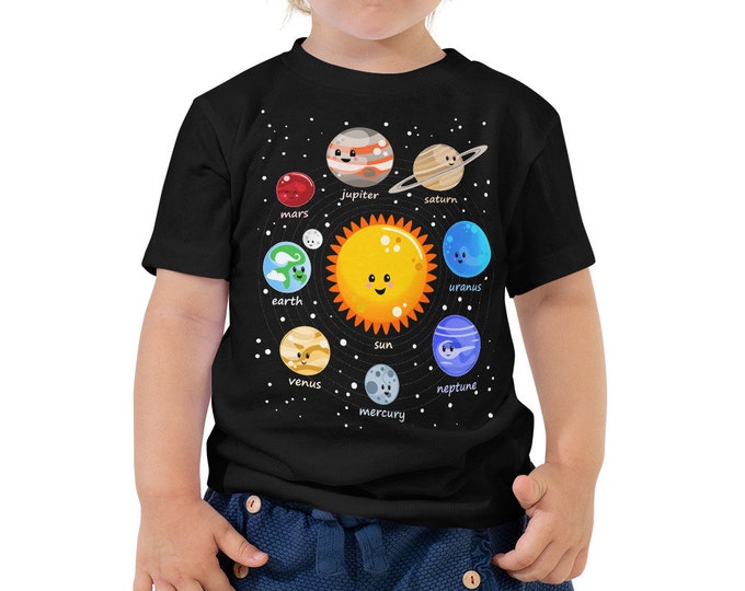 Kawaii Solar System 2T-5T camiseta para niños pequeños manga corta lindo planetas educativos cumpleaños niños regalo sol tierra luna venus marte estrellas espaciales