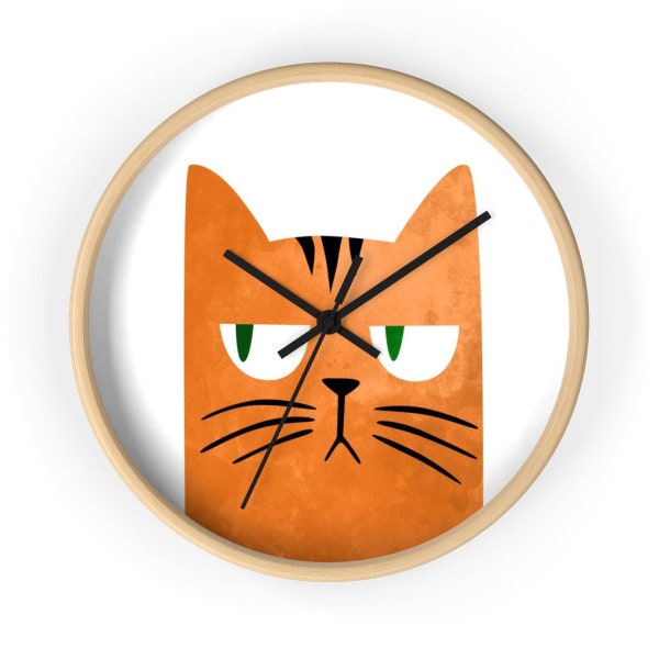 Orange cat with attitude wall clock funny unhappy cat art for cat lovers and just for fun student gift ginger cat birthday cat meme