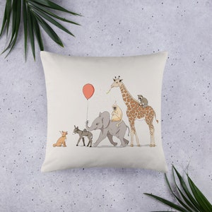 Nursery birthday animal parade 18&quot;x18&quot; throw pillow The Dog Has a Birthday baby room art nursery decor