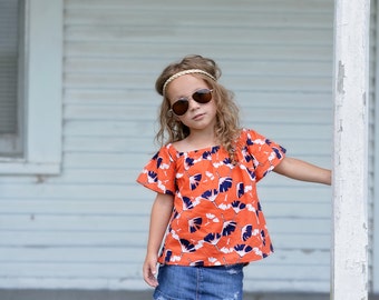 Little Girls Off the Shoulders Orange Cotton Top, Girls Summer Top - Sizes 2/3, 4/5, 6/6X, 7/8, 10/12 - Ready to Ship