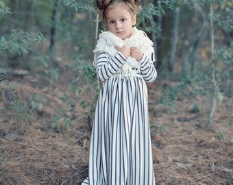 Girls Long Sleeve Gray Striped Maxi Dress, Girls Maxi Dress, Maxi Dress, Maxi Dresses Sizes 3/4, 4/5, 6/6X, 7/8, 10/12 - Ready to Ship