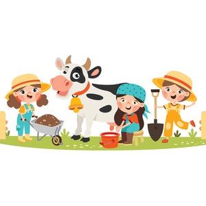 Scène de ferme de vecteur avec des enfants de dessin animé