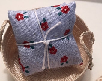 Shabby Chic Handmade Miniature Dollhouse Throw Pillow Set - Dusty Blue with Red Flower
