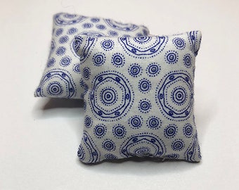 1 1/2 Inch Handmade Miniature Dollhouse Throw Pillow Set - White with Blue Graphic