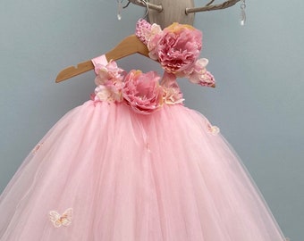 Whimsical Tulle Tutu Dress , Pink Toddler Birthday Dress 18m-3yrs - Flower girl - Butterfly, Fairy Dress