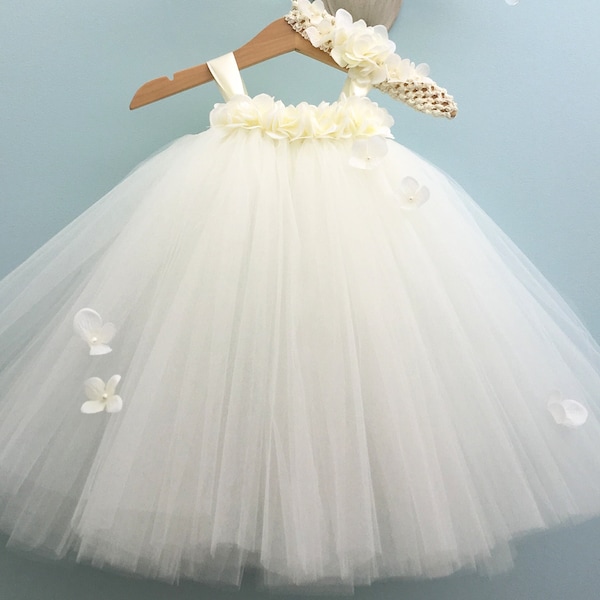 Ivory Tulle Tutu Dress for Toddler Flower Girl, Christening Baptism Gown, Special Occasion Dress for Baby Girl