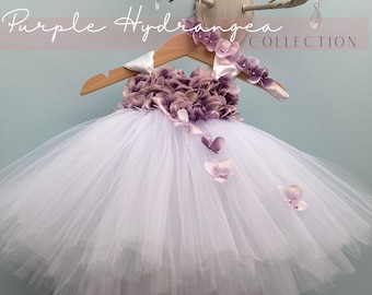 Purple Lilac Flower Girl Dress, Tulle with Hydrangeas, Toddler Baby Flower Girl Tutu Dress