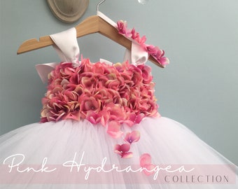 Shades of Pink Flower Girl Dress, Tulle with Hydrangeas, Toddler Baby Flower Girl Tutu Dress