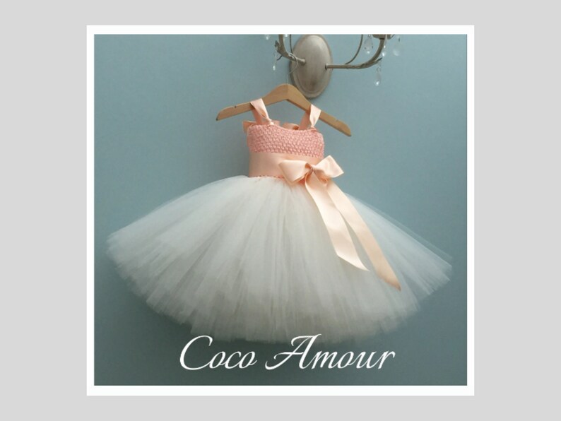 Flower Girl Tutu Dress in Peach with Ivory tulle.