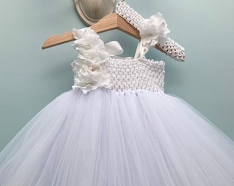 White Hydrangea Tulle Tutu Flower Girl Dress - 12-18m - Christening| Baptism Gown - Wedding - Christmas Gift - Special Occasion - Angel