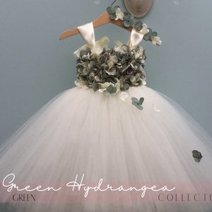 Vintage Green Flower Girl Dress, Tulle with Hydrangeas, Toddler Baby Flower Girl Tutu Dress