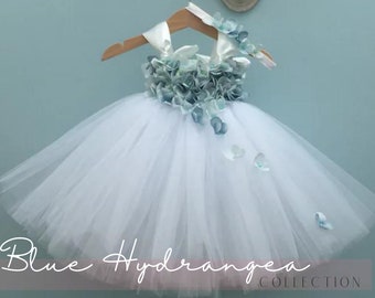 Mist Blue Green Flower Girl Dress, Tulle with Hydrangeas, Toddler Baby Flower Girl Tutu Dress