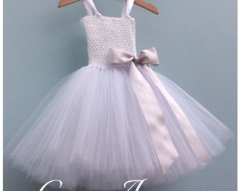 White Flower Girl Tutu Dress, bow detail, ages 1-12 years, more colours available.