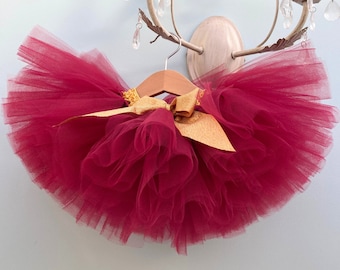 Burgundy tulle tutu with Gold Sparkly ribbon, Ages 1-6 Years, tutu skirt for Babies, Toddler, Kids - Gift Idea