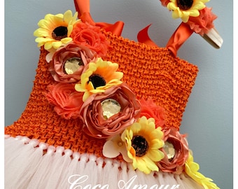 Sunflower Tulle Tutu Flower Girl Dress - Autumn Fall Rustic Boho Wedding, 5-6y / 6-7y
