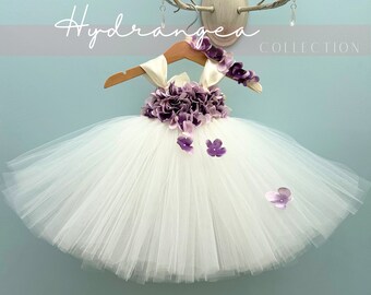 Purple Lilac Baby Flower Girl Dress, Lavender Tulle Dress with Hydrangeas, Baby Girl Tutu Dress 6-9m