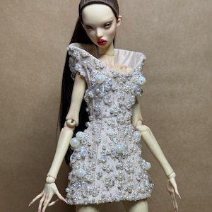 OOAK couture bedazzled pearl silk taffeta structured dress for Popovy dolls