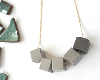 Concrete Cube Beads Necklace, Geometric Jewelry, Urban Minimalist Jewelry, Long Gold Necklace, Brutalist Rustic Deconstructed Bold Necklace