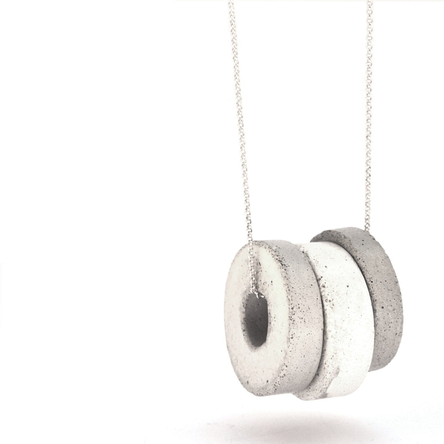 Long Silver Necklace With Three Handmade Grey Concrete Circle 50