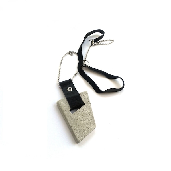 Concrete Necklace, Modern Leather Necklace, Geometric Concrete Jewelry, Brutalist Jewelry, Minimalist Long Necklace, Edgy, Contemporary