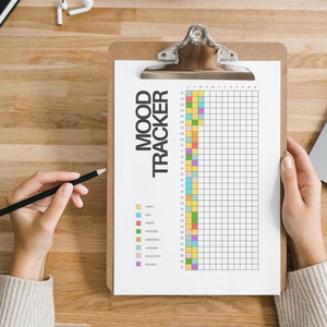 Op de afbeelding: Een mood tracker-grafiek op een klembord met een potlood. De grafiek is verdeeld in vierkanten met verschillende kleuren die verschillende stemmingen voorstellen. De grafiek is gelabeld "MOOD TRACKER" en de maanden van het jaar staan bovenaan.