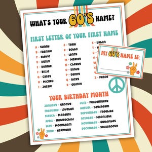 What's Your 60s Name Party Game Printable 1960's Party Game 60s Name Generator Sixties Party Game 1960s Theme Party Activity Hippie Party