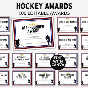 Peut inclure: Plusieurs certificats de récompense de hockey avec des titres tels que « Playmaker Award » et « All-Rounder Award ». Chaque certificat présente une silhouette de joueur de hockey et un bordure rouge, blanche et bleue. Le texte « 100 Editable Awards » est visible.