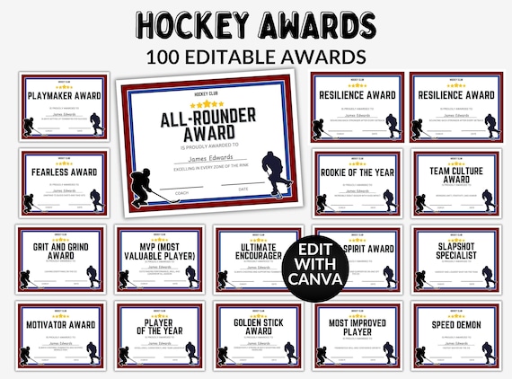 Editable Hockey Award Certificates Printable Hockey Team Awards End of Season Awards, Hockey Awards Hockey Certificates Funny Team Awards