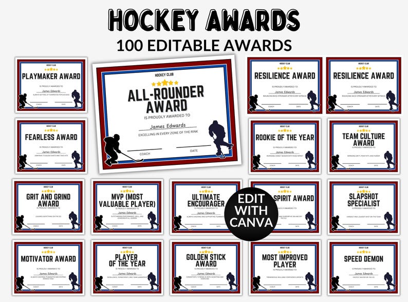 May include: A collection of hockey award certificates with various titles like "Playmaker Award" and "All-Rounder Award." Each certificate features a hockey player silhouette and a red, white, and blue border. The text "100 Editable Awards" is at the top.
